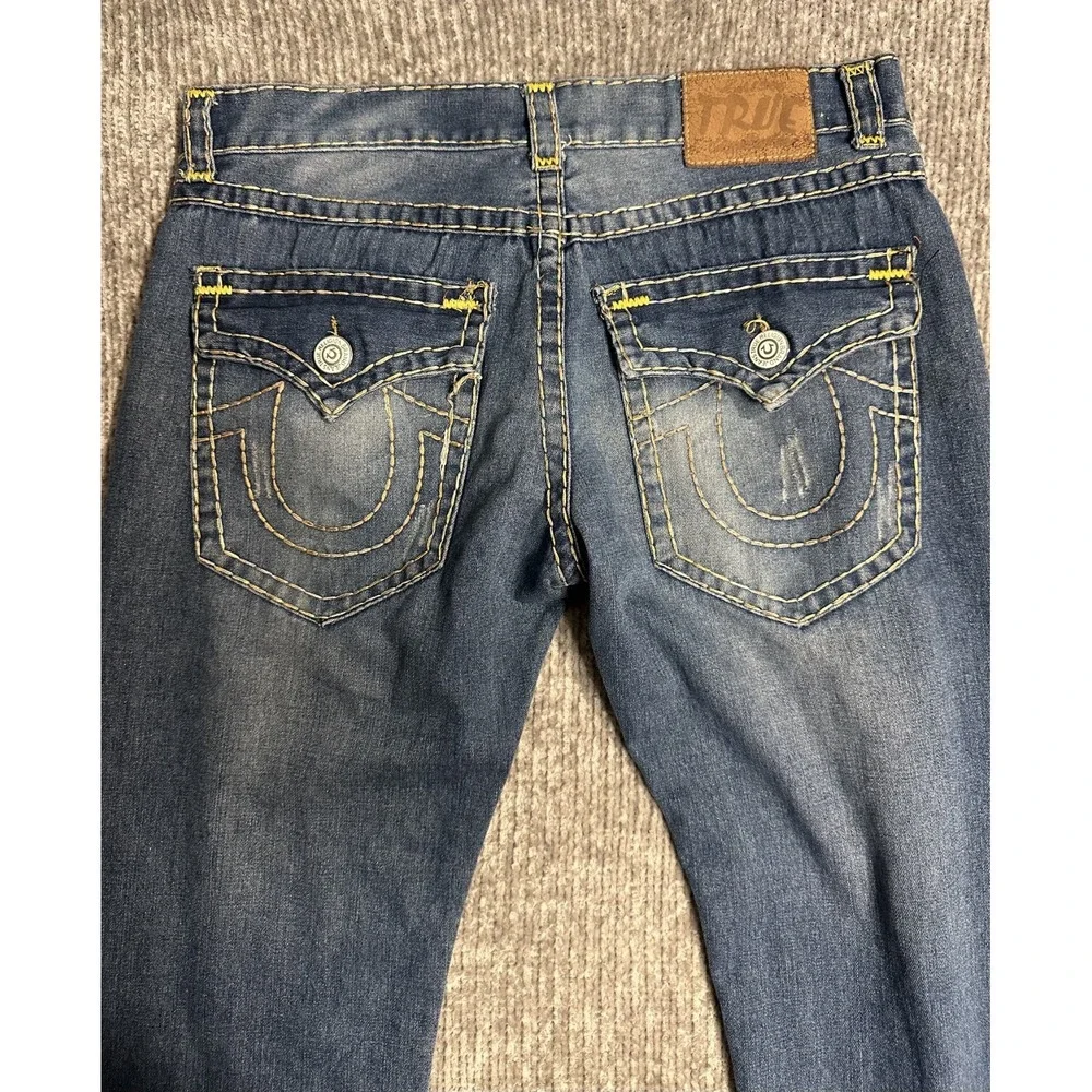 TRUE RELIGION Jeans Mens 36x33 Straight Leg Blue Denim Yellow Stitching